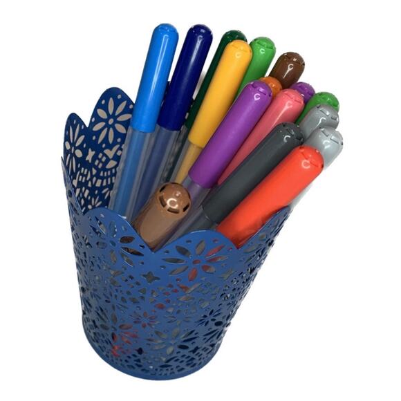 Metal Pen Holder Blue Floral Ikea Mala Felt Tip Markers Desk Organizer Round - Picture 1 of 7